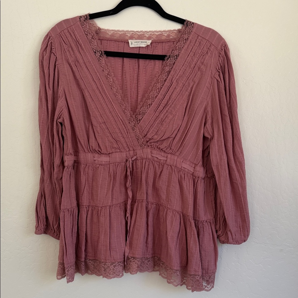 Lucky Brand Mauve Lace Trim Blouse